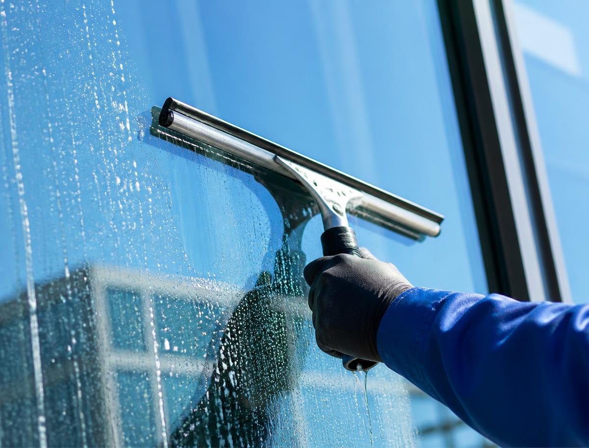 Squeegee clearing water from a clean glass window pane
